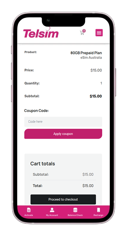 A view of Telsim online eSIM Australia Proceed to check out page on the mobile screen.