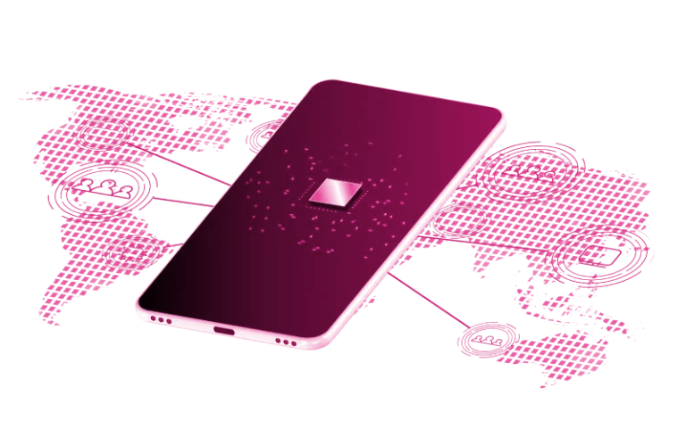A smartphone representing the best eSIM connectivity is placed over the world map